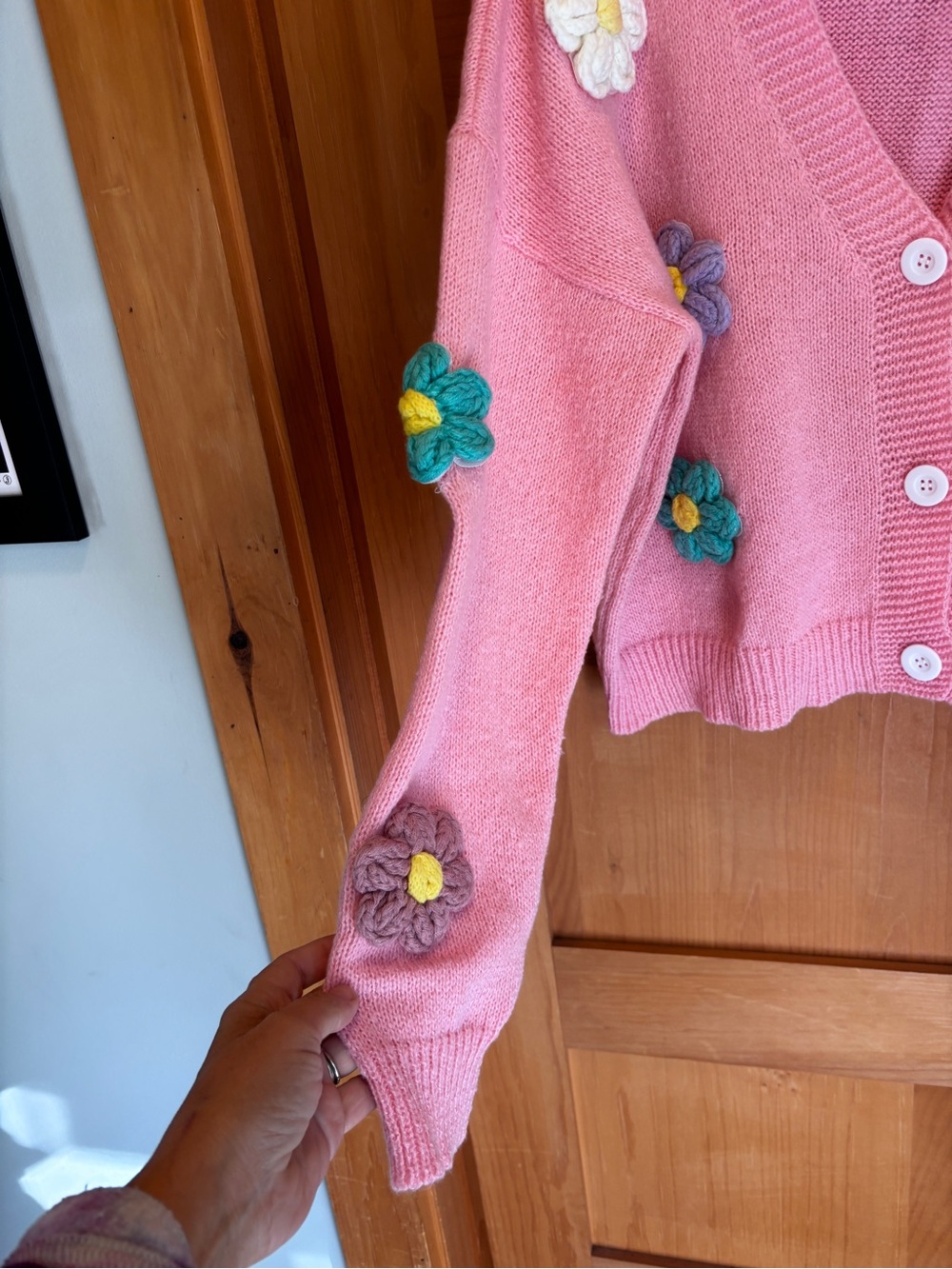Handmade Pink Knit Flower Cardigan Sweater Cottagecore Y2K Coquette - Picture 3 of 10